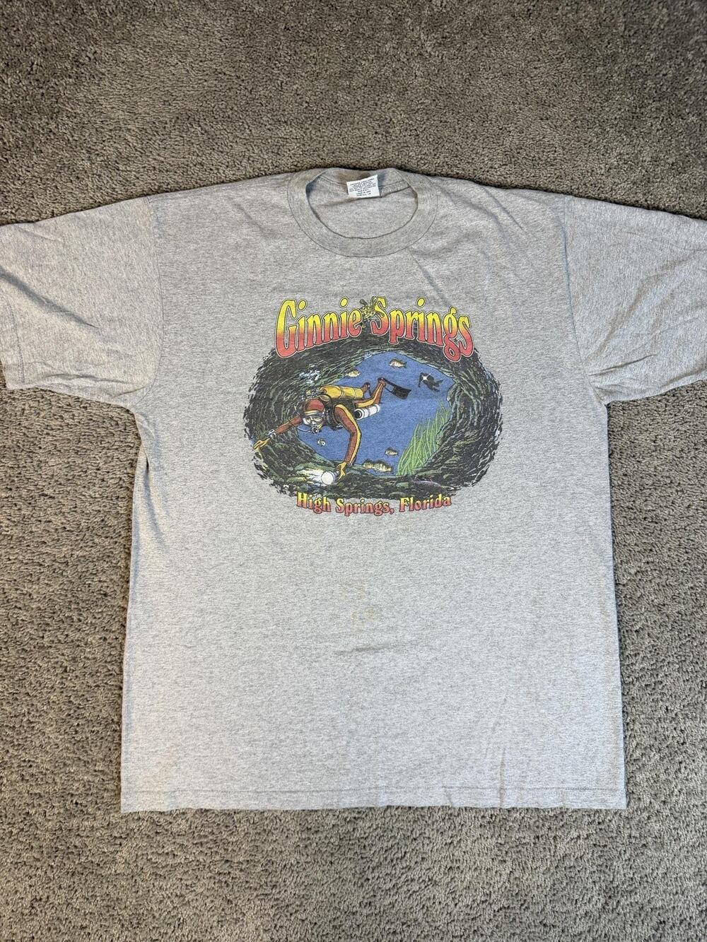 Vintage Ginnie Springs Shirt Mens XL Gray Scuba Diver Florida Graphic Crew Neck